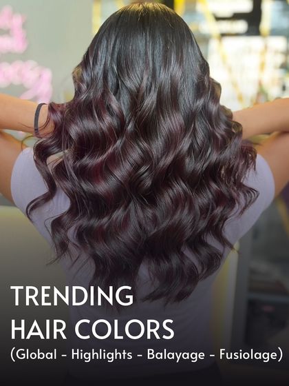 An example of our trending hair colour services, including Global, Highlights, Balayage, and Fusiolage. This particular look showcases a rich, multi-tonal brunette style.