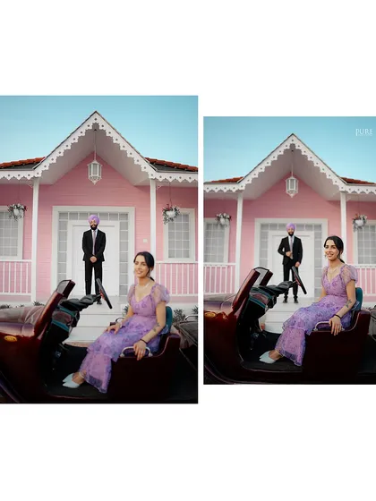 A stylish and fun shot featuring a vintage car in front of the pink house set. This kind of concept photography adds a playful and cinematic flair to a pre-wedding shoot.