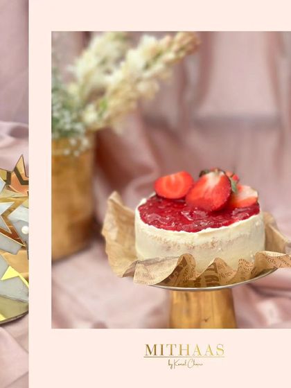 A collage capturing moments of sweetness. It features a mini strawberry cake on a golden stand and a celestial-themed cake decorated with stars.