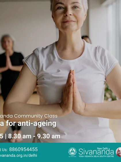 Our community class on "Yoga for anti-ageing" focused on practices that promote vitality and well-being at any age. The image shows a senior practitioner in Anjali Mudra (Prayer Pose).