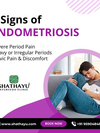 This informational graphic highlights three key signs of endometriosis: severe period pain, heavy or irregular periods, and pelvic discomfort. Recognizing these symptoms is the first step toward seeking effective Ayurvedic care.