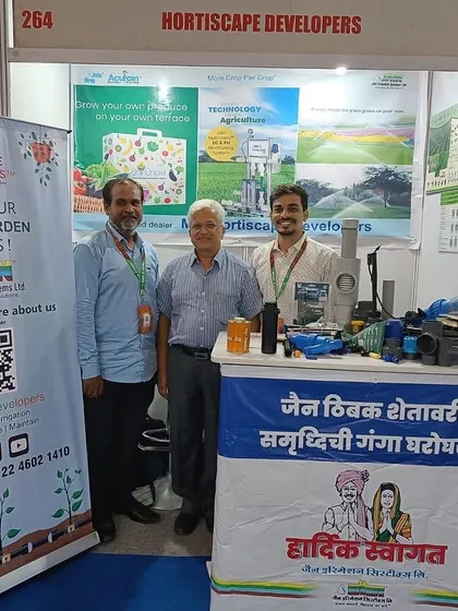 A proud moment for the Hortiscape Developers team at the Kisan exhibition. Our banner, featuring our Marathi slogan "Jain thibak shetavari, samruddhichi ganga gharoghari," reflects our commitment to bringing prosperity through smart irrigation.