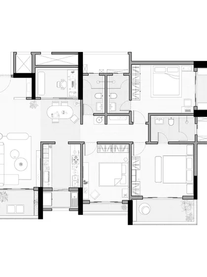 A design begins with a thoughtful layout. This floor plan for the 'Tranquil Tides' apartment illustrates how I optimize a 1440 sq. ft. space for a family, ensuring every area is functional while maximizing natural light from the south-facing windows.