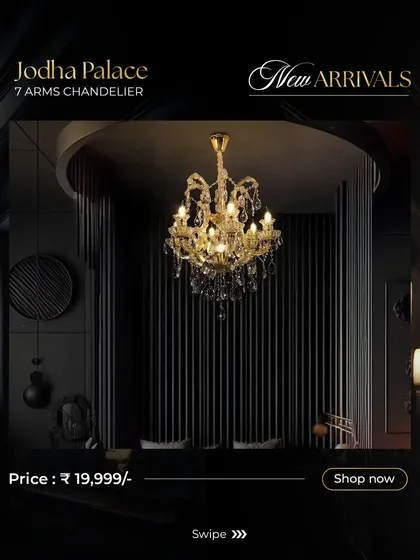 The Jodha Palace Chandelier is a nod to timeless royal aesthetics. With seven arms of handcrafted crystal, it brings a majestic and classic brilliance to dining rooms and formal living areas, proving that traditional grandeur never goes out of style.