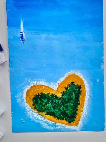 A simple and sweet painting of a heart-shaped island in the middle of the ocean.