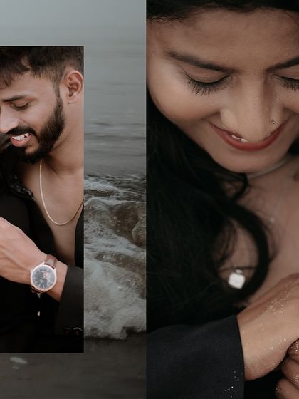 A collage of close-up, intimate moments from a beach pre-wedding shoot, focusing on hand-holding and gentle smiles.