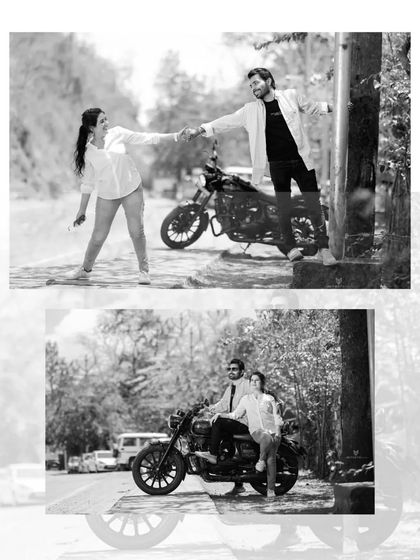 A black and white collage showing playful and romantic moments from a couple's bike shoot, perfect for a timeless pre-wedding album.