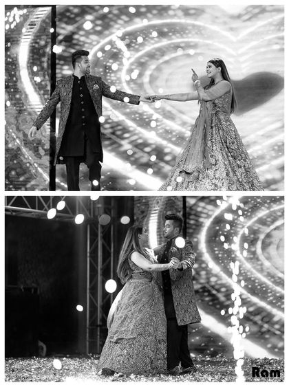 A black and white collage of the couple dancing on stage, capturing the energy and romance of their performance.