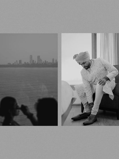 A black and white collage of the groom getting ready and the bride looking out at the Mumbai skyline. The moody, atmospheric shots tell a story of anticipation.