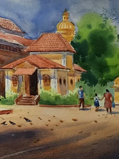 This watercolour captures the Mahalakshmi Temple in Goa. I focused on the warm light and the daily life happening around this beautiful structure.