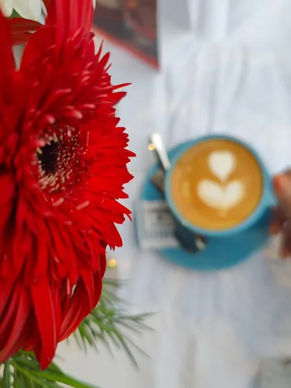 An artistic shot of a latte at the Blue Tokai event, framed by a bright red flower. This shows my creative approach to capturing moments even at live events.