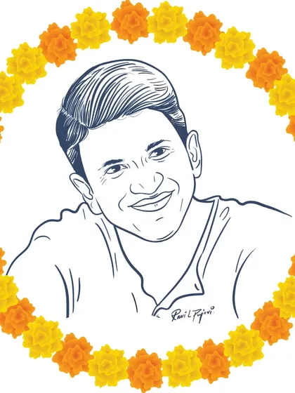 A line art portrait of the beloved Kannada actor, the late Puneeth Rajkumar. This is a more subtle, heartfelt style of character art, designed as a tribute.