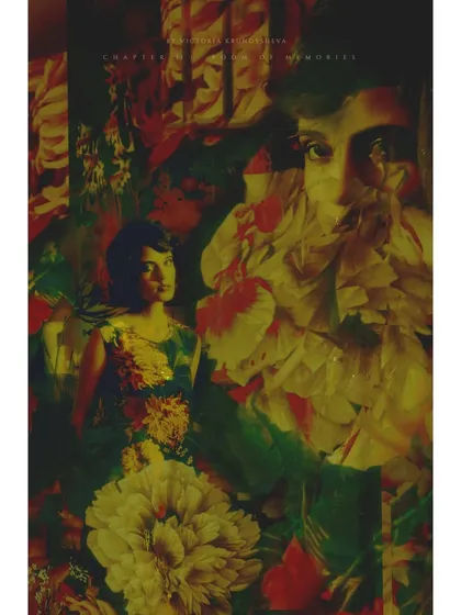 Another layered, multi-exposure image from Chapter 2. The heroine's face is overlaid with the floral patterns that symbolize her memories, showing how the past envelops her.