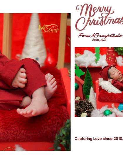 A creative shot focusing on the baby's tiny feet, with the "Merry Christmas" message. It’s a perfect holiday card photo.