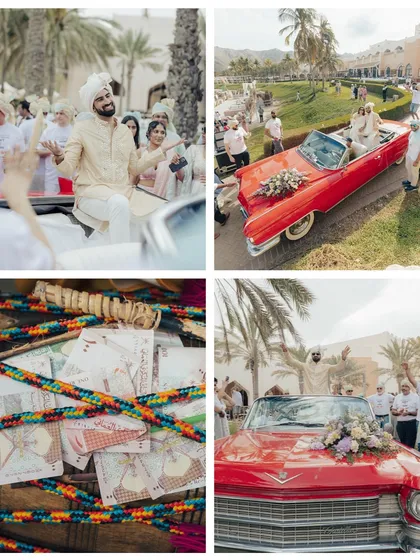 A collage of the groom's baraat, complete with a vintage red convertible and a whole lot of energy.