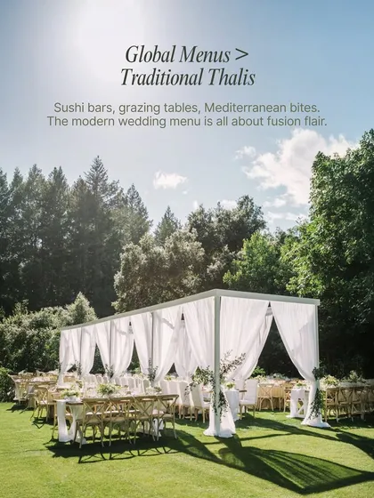 A trend report on wedding menus: the move from traditional thalis to global menus with sushi bars, grazing tables, and Mediterranean bites.