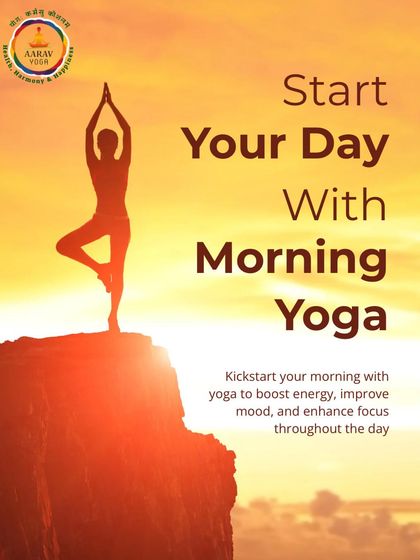 "Start Your Day With Morning Yoga." This inspiring image of a silhouette in Tree Pose at sunrise encourages you to kickstart your morning with yoga to boost energy and mood.