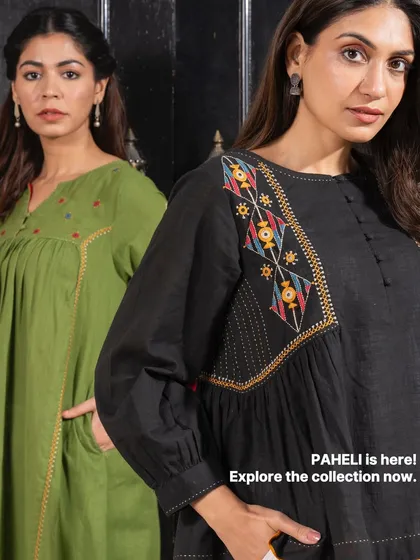 Paheli is here. This image introduces the collection, featuring our green and black embroidered tops, perfect for exploring how you can mix, match, and make these pieces your own.