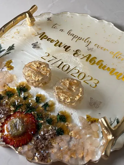 The full view of the tray, complete with gold branch handles and personalized text.