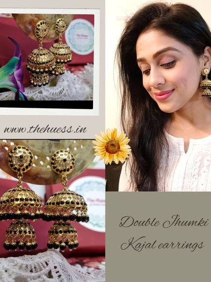 A collage showing the 'काजल' (Kajal) double jhumki earrings. These are a great choice for those who love statement black jewellery.