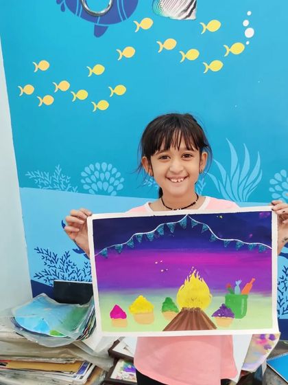 A beautiful mountain landscape as the backdrop for a Holika Dahan celebration. A great example of combining different elements in a painting.