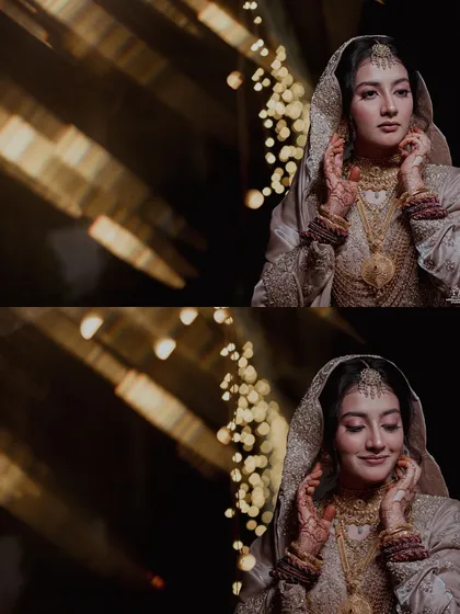 A collage of a Muslim bride's portraits, capturing her beauty against a backdrop of soft bokeh lights.