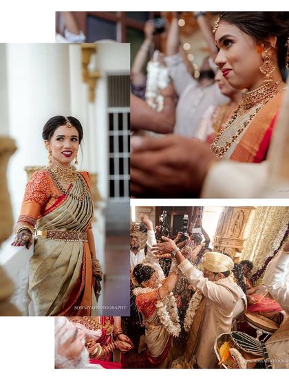 A collage of beautiful moments from a royal wedding ceremony, capturing the rituals and the bride's elegant portraits.