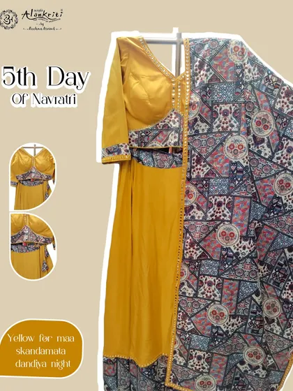 A summary graphic of the yellow Navratri outfit, highlighting the color and design details perfect for a Dandiya night.