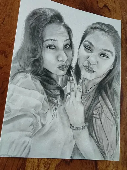 A fun and modern portrait of two friends, based on their photo. It's a great way to celebrate friendship with a unique piece of art.
