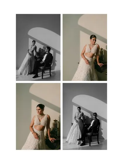A collage showcasing different angles and moods from Amy and Joe's styled portrait session. This demonstrates how we explore light, shadow, and composition to create a diverse set of artistic images.