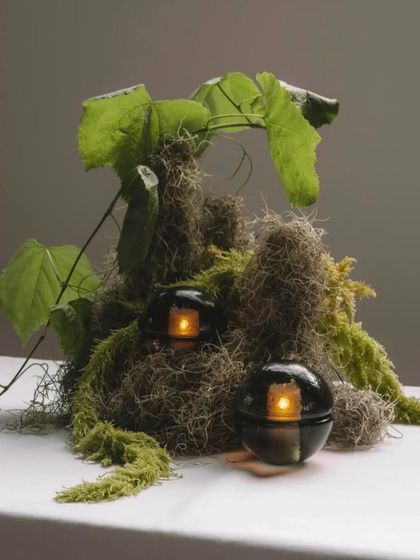 Two Bocci 14p lamps nestled in a bed of moss and foliage, highlighting their organic, pebble-like form and their ability to blend into natural settings.
