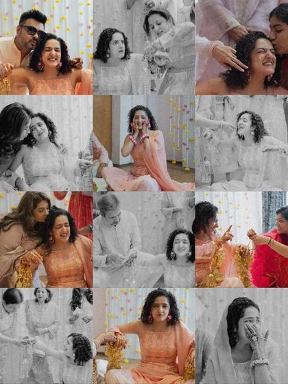 The many emotions of a Haldi ceremony. This collage shows the bride being blessed, teased, and loved by her family and friends, capturing the full spectrum of feelings in one frame.