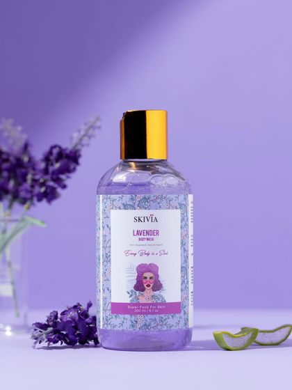 A slightly different angle of the lavender body wash, this shot offers a clearer view of the product label while maintaining the calming, monochromatic purple theme.