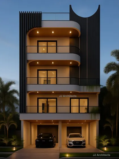 Our design for a modern independent home in Bhopal, MP. The elevation features curved balconies and vertical fluting, creating a unique and sculptural facade that stands out in the urban landscape.