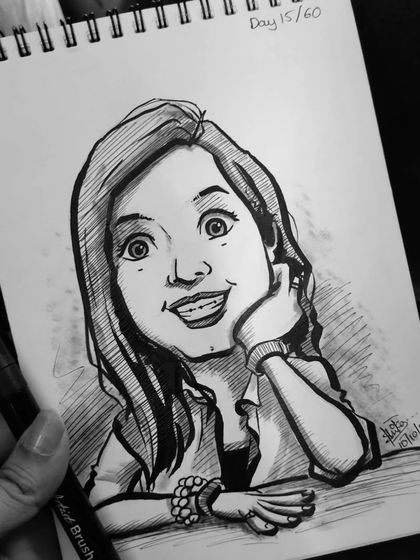 The same smiling caricature in black and white. This really makes the line work and the expression pop.