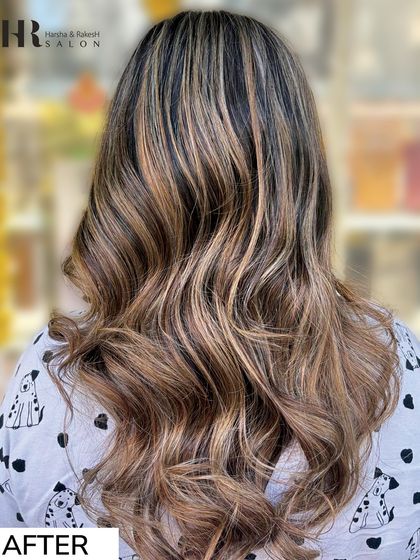 The "after" shot of a major hair glow-up. I corrected previous color and added these beautiful caramel and blonde highlights to create a rich, warm, and dimensional look.