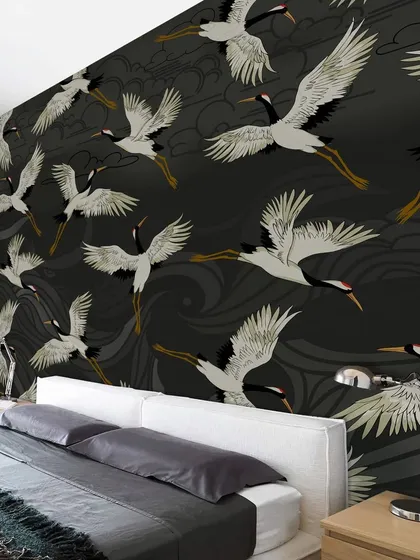 Our Japanese Flying Cranes wallpaper adds a sense of drama and elegance to this contemporary bedroom. The dark background and graceful cranes create a sophisticated and tranquil ambiance.