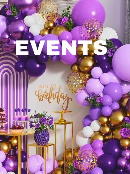 A burst of royal purple and gold. This lavish birthday setup includes a full dessert table, a custom backdrop, and a magnificent balloon arrangement, showing how we can create a complete, color-coordinated party scene.