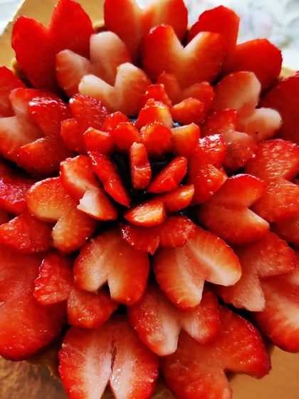 Our Chocolate Strawberry Tart, specially designed for Valentine's Day. A rich chocolate base is topped with beautifully arranged fresh strawberries, creating a dessert that is both stunning and delicious.
