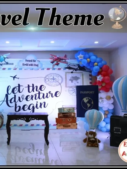 The complete travel theme setup, showcasing all the different props and decor elements.