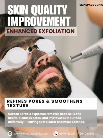 Here, you can see the application of the carbon mask before the laser procedure. The explosion of these carbon particles during the treatment removes dead cells and debris, which refines pores, cleanses deeply, and improves the skin's surface uniformity for a polished look.