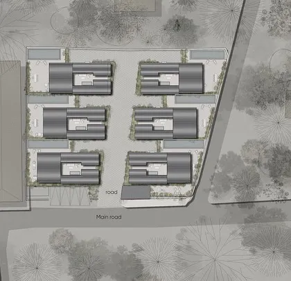 The site plan for the Vagator Villas shows a regular, efficient layout of six homes. Each villa is provided with its own garden and pool area, balancing community living with a high degree of privacy.