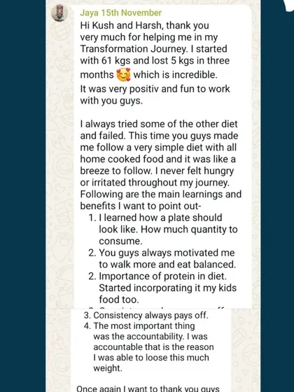 Jaya, a supermom from Germany, dropped 5 kgs and 4 inches from her waist post-pregnancy. Her diet included simple meals like poha, dal, and fruits. Her testimonial and progress shots show her renewed energy and confidence.