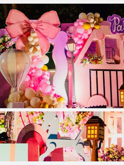A collage of details from the Parisian party, including a large pink bow and a rocking horse prop.