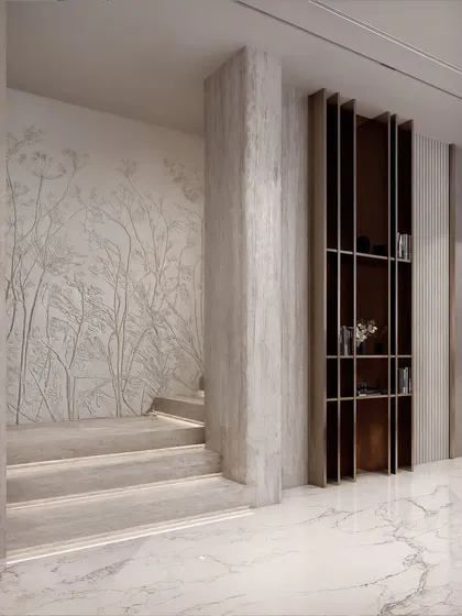 A staircase landing featuring a bas-relief wall art of delicate branches. The render highlights the texture of the art and the soft glow of the integrated step lighting.