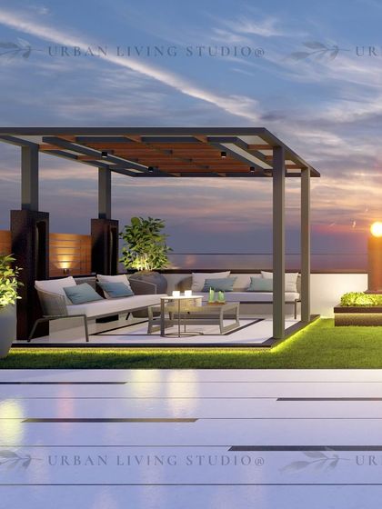 A closer look at the pergola lounge area from our Ghaziabad design. The clean lines and comfortable seating create a perfect spot for relaxation.