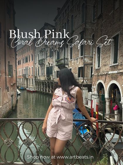 The Blush Pink Coral Dreams Safari Set, seen here on a client in Venice. This linen co-ord set is perfect for travel, offering comfort and style for exploring new cities.