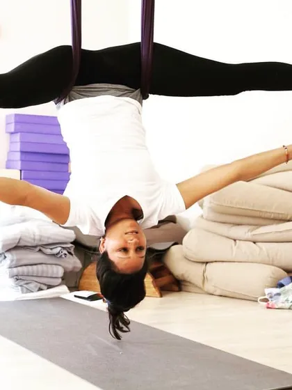An inverted split is a beautiful expression of flexibility. The hammock allows you to ease into the stretch without forcing it, making deep hip opening more accessible.