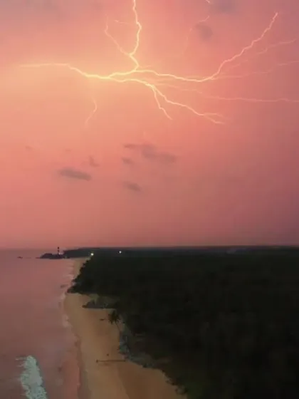 Capturing a lightning strike over Kapu beach was a matter of waiting for the perfect moment during a coastal thunderstorm. This aerial shot demonstrates my readiness to film in challenging weather conditions to capture the dramatic power of nature.