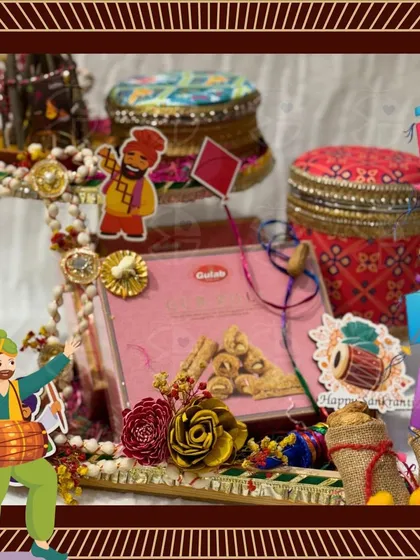 A festive Lohri hamper with traditional decorative boxes and sweets, enhanced with animated stickers to bring out the celebratory mood.